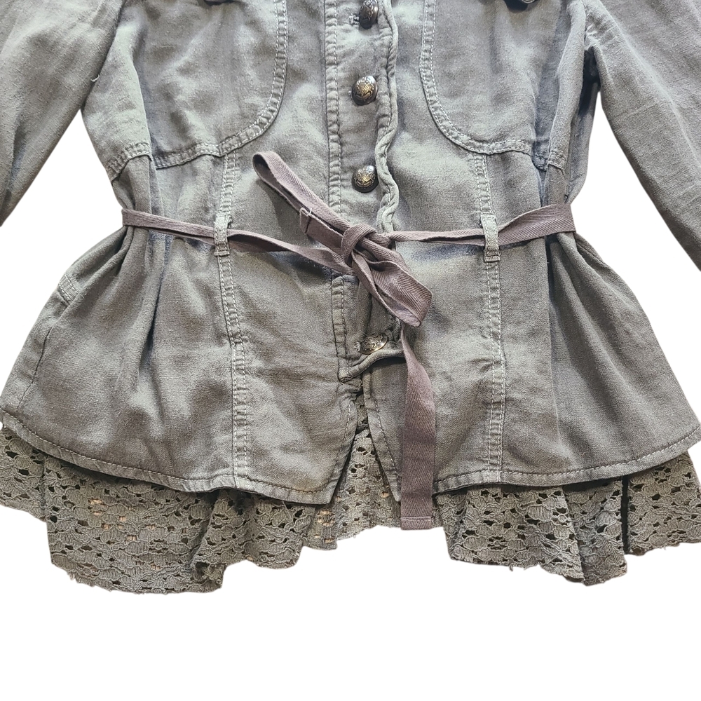 Free People Emilia Military Jacket Belted Lace Hem Utility Olive Small - Picture 7 of 14